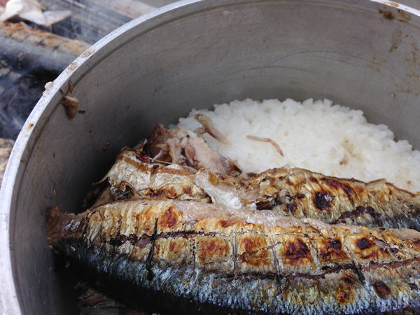 炊きたてご飯に七輪焼き秋刀魚をのせる