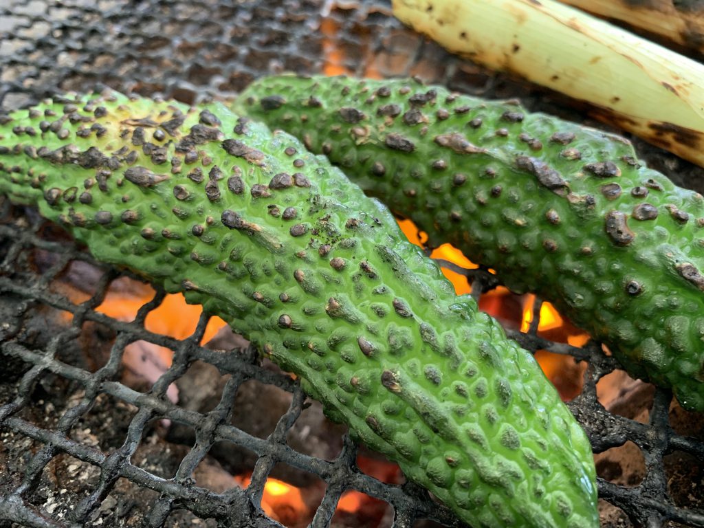 ゴーヤの七輪炭火焼き　外側焦がし具合